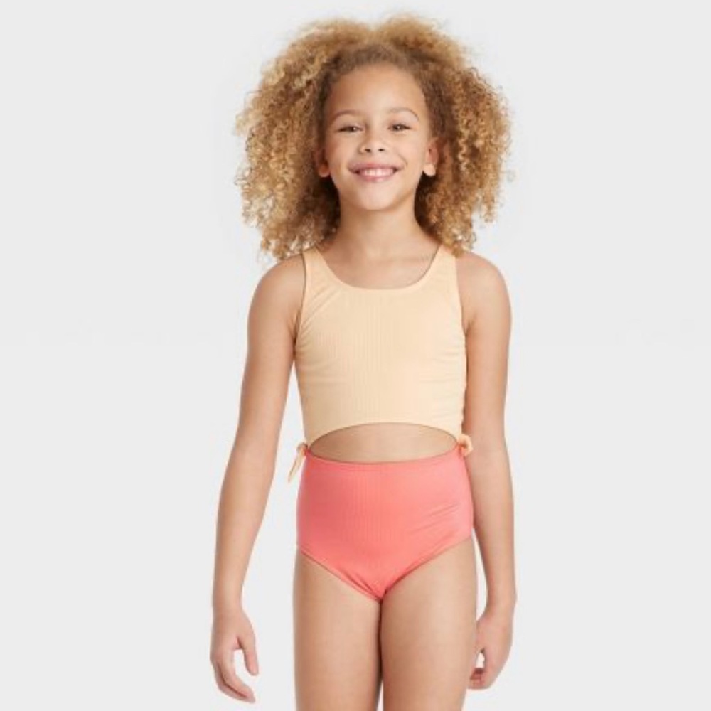 Girls' Solid Summer Swimsuit - art class- Peach Orange